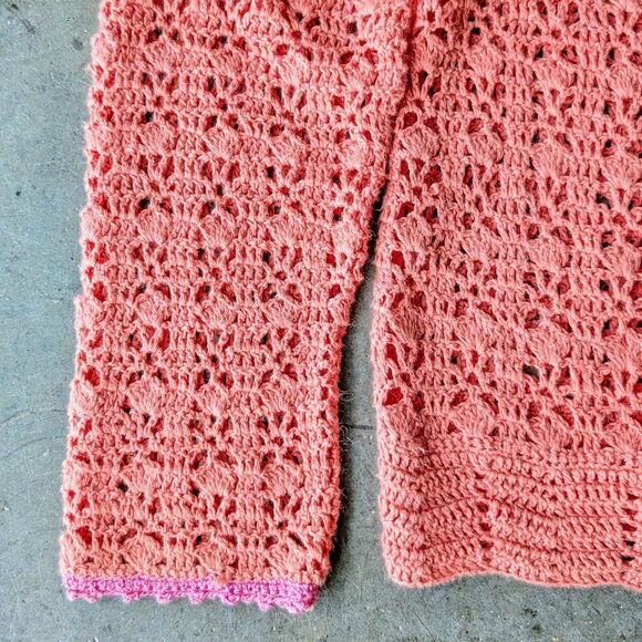 Vintage Curio Orange Pointelle Knit Pink Trim Open Cardigan Sweater - Picture 5 of 9